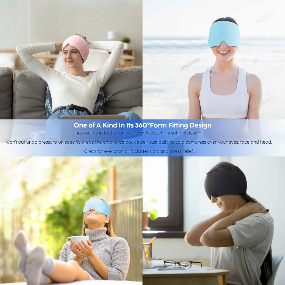 Wellness Head Massager Hot Cold Therapy Cap Gel 4 Pictures showing women using the eye mask that covers almost her entire face and head in the living room, at office, outside, in a bedroom