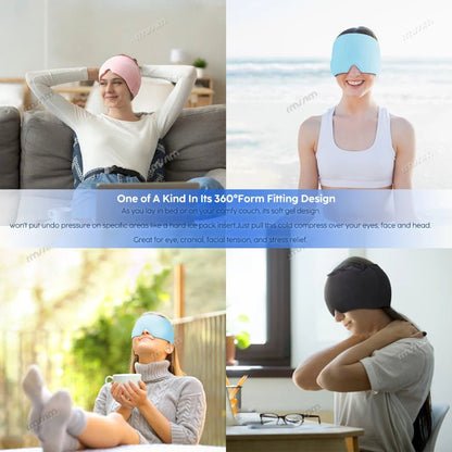 Wellness Head Massager Hot Cold Therapy Cap Gel 4 Pictures showing women using the eye mask that covers almost her entire face and head in the living room, at office, outside, in a bedroom