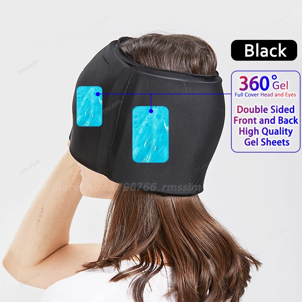 Wellness Head Massager Hot Cold Therapy Cap Gel Picture show a brown hair woman using the black colour eye mask that covers almost her entire head High Quality double side gel sheets