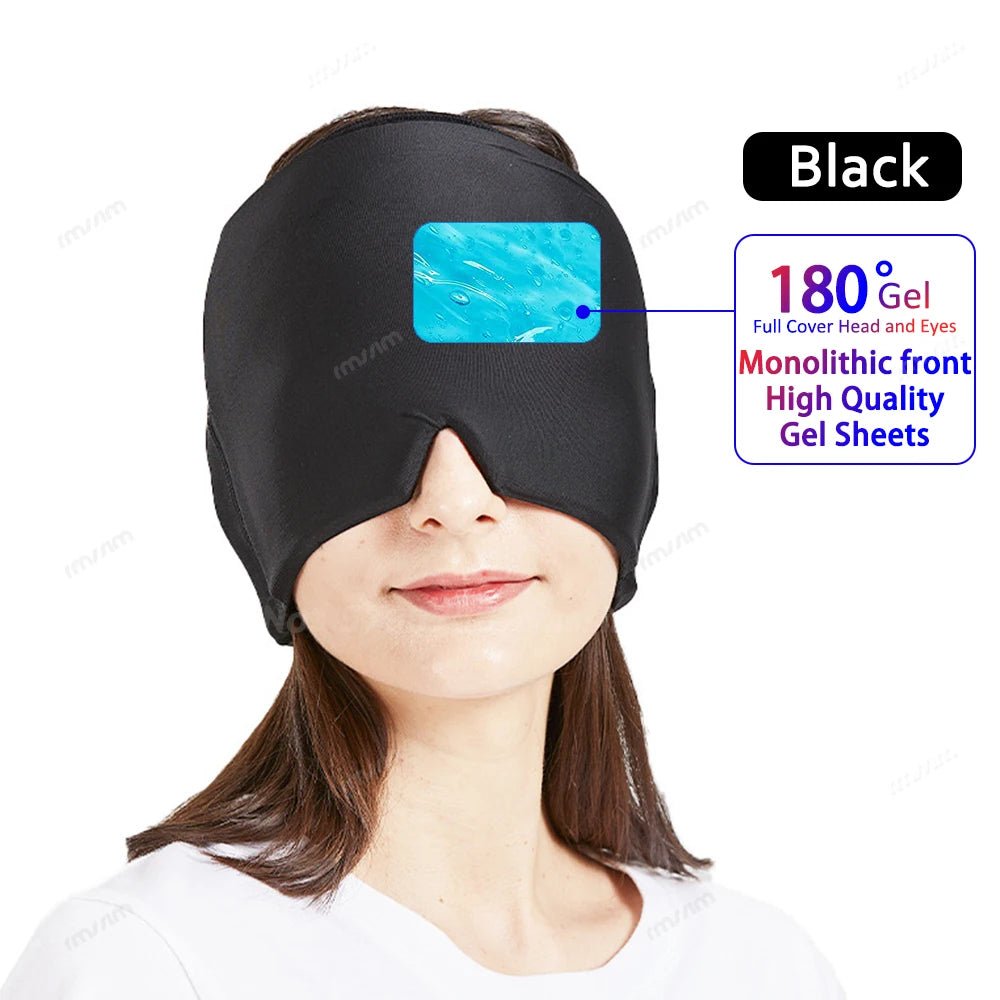Wellness Head Massager Hot Cold Therapy Cap Gel Picture show a brown hair woman using the black colour eye mask that covers almost her entire head High Quality gel sheets Monolithic front 180 degree