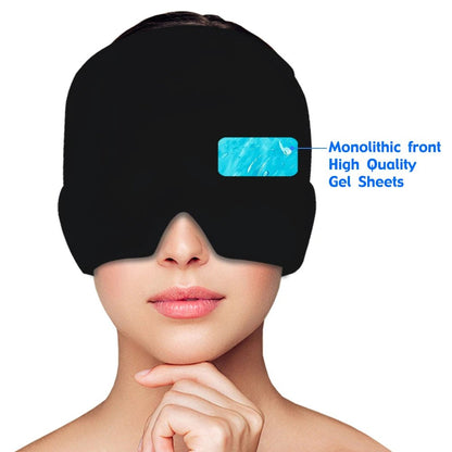 Wellness Head Massager Hot Cold Therapy Cap Gel Picture show a brown hair woman using the black colour eye mask that covers almost her entire head High Quality gel sheets Monolithic front