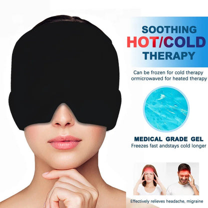 Wellness Head Massager Hot Cold Therapy Cap Gel Picture show a woman using the eye mask that covers almost her entire face and head 