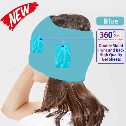 Wellness Head Massager Hot Cold Therapy Cap Gel Picture show a brown hair woman using the Blue colour eye mask that covers almost her entire head High Quality gel sheets Monolithic front 360 degree