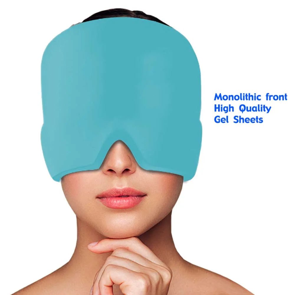 Wellness Head Massager Hot Cold Therapy Cap Gel Picture show a brown hair woman using the blue colour eye mask that covers almost her entire head High Quality gel sheets Monolithic front