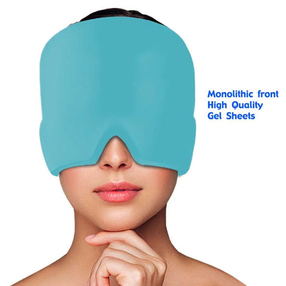 Wellness Head Massager Hot Cold Therapy Cap Gel Picture show a brown hair woman using the blue colour eye mask that covers almost her entire head High Quality gel sheets Monolithic front