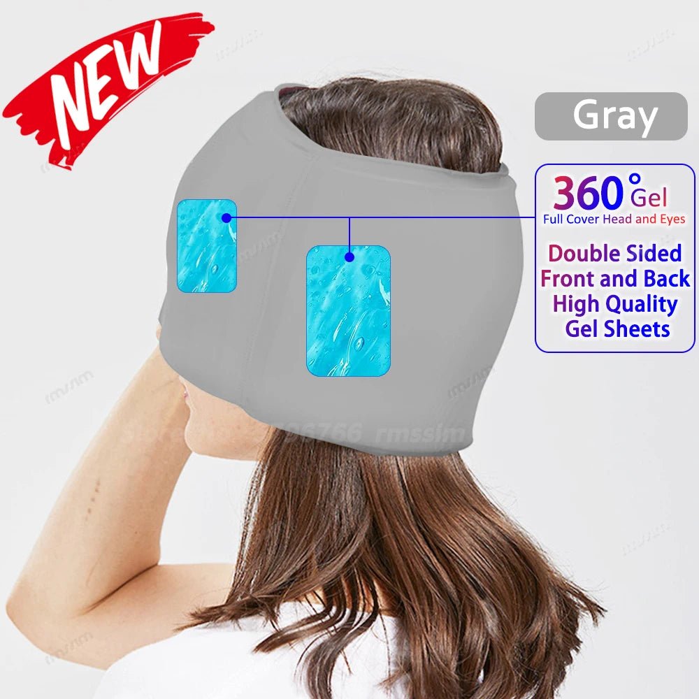 Wellness Head Massager Hot Cold Therapy Cap Gel Picture show a brown hair woman using the GRAY colour eye mask that covers almost her entire head High Quality gel sheets Monolithic front 360 degree