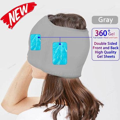 Wellness Head Massager Hot Cold Therapy Cap Gel Picture show a brown hair woman using the GRAY colour eye mask that covers almost her entire head High Quality gel sheets Monolithic front 360 degree
