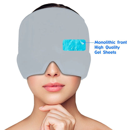 Wellness Head Massager Hot Cold Therapy Cap Gel Picture show a brown hair woman using the grey colour eye mask that covers almost her entire head High Quality gel sheets Monolithic front