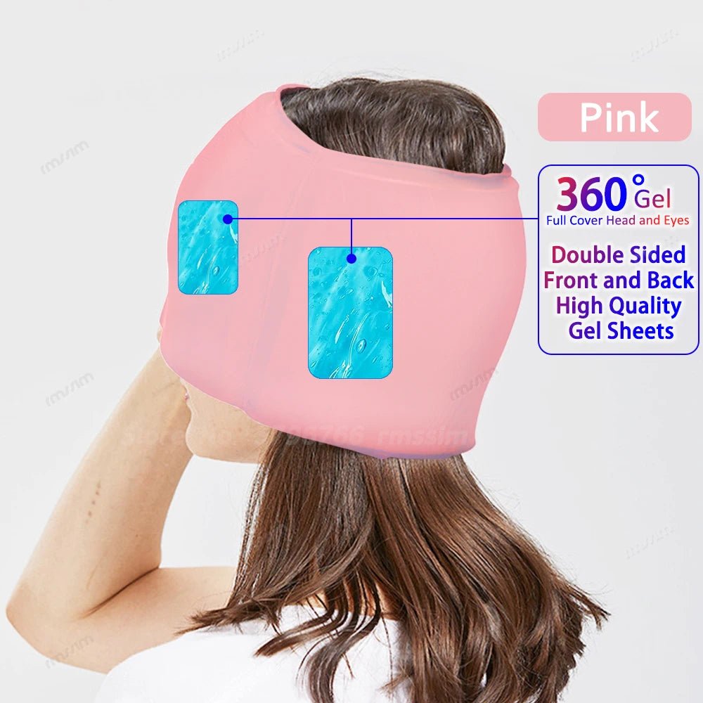Wellness Head Massager Hot Cold Therapy Cap Gel Picture show a brown hair woman using the pink colour eye mask that covers almost her entire head High Quality gel sheets Monolithic front 360 degree