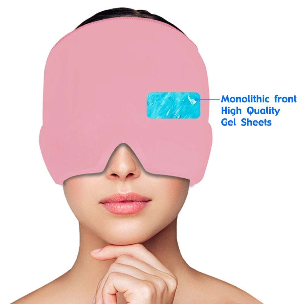 Wellness Head Massager Hot Cold Therapy Cap Gel Picture show a brown hair woman using the pink colour eye mask that covers almost her entire head High Quality gel sheets Monolithic front