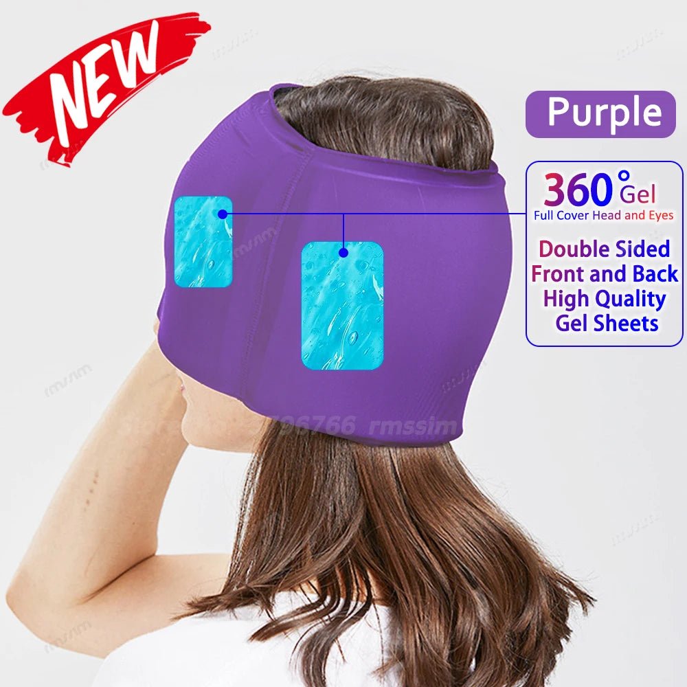 Wellness Head Massager Hot Cold Therapy Cap Gel Picture show a brown hair woman using the purple colour eye mask that covers almost her entire head High Quality gel sheets Monolithic front 360 degree