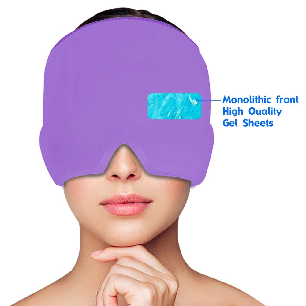 Wellness Head Massager Hot Cold Therapy Cap Gel Picture show a brown hair woman using the purple colour eye mask that covers almost her entire head High Quality gel sheets Monolithic front 180 degree