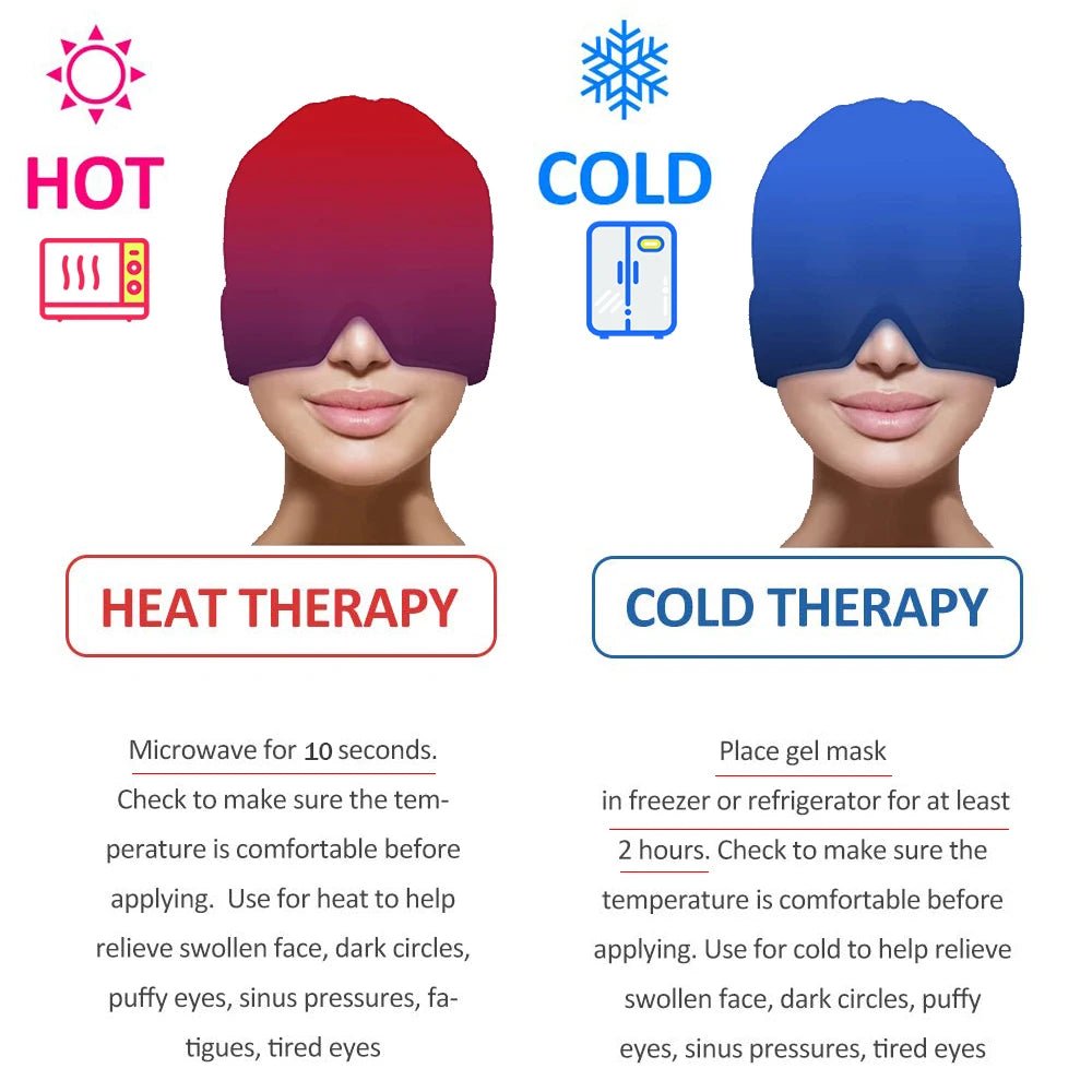 Wellness Head Massager Hot Cold Therapy Cap Gel Picture show two women using eye mask. One for hot therapy, second for cold therapy