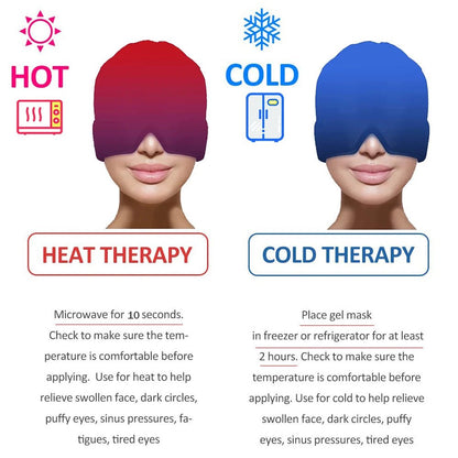 Wellness Head Massager Hot Cold Therapy Cap Gel Picture show two women using eye mask. One for hot therapy, second for cold therapy