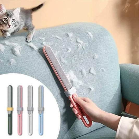 Wellness Magic Dust Remover Electrostatic Brush Double-Sided Picture of cleaning a hairy sofa with the magic brush; a cat is lying on the edge of the sofa