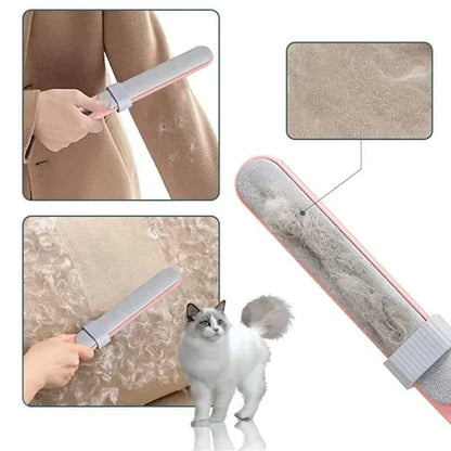 Wellness Magic Dust Remover Electrostatic Brush Double-Sided Picture of a woman cleaning her hairy Beige dress with the magic brush and the sofa.  The magic dust keep all her angora cat show