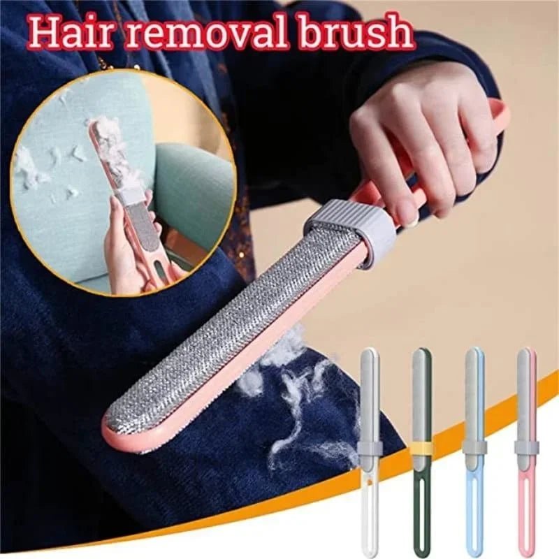Wellness Magic Dust Remover Electrostatic Brush Double-Sided Picture of a woman cleaning her hairy blue dress with the magic brush