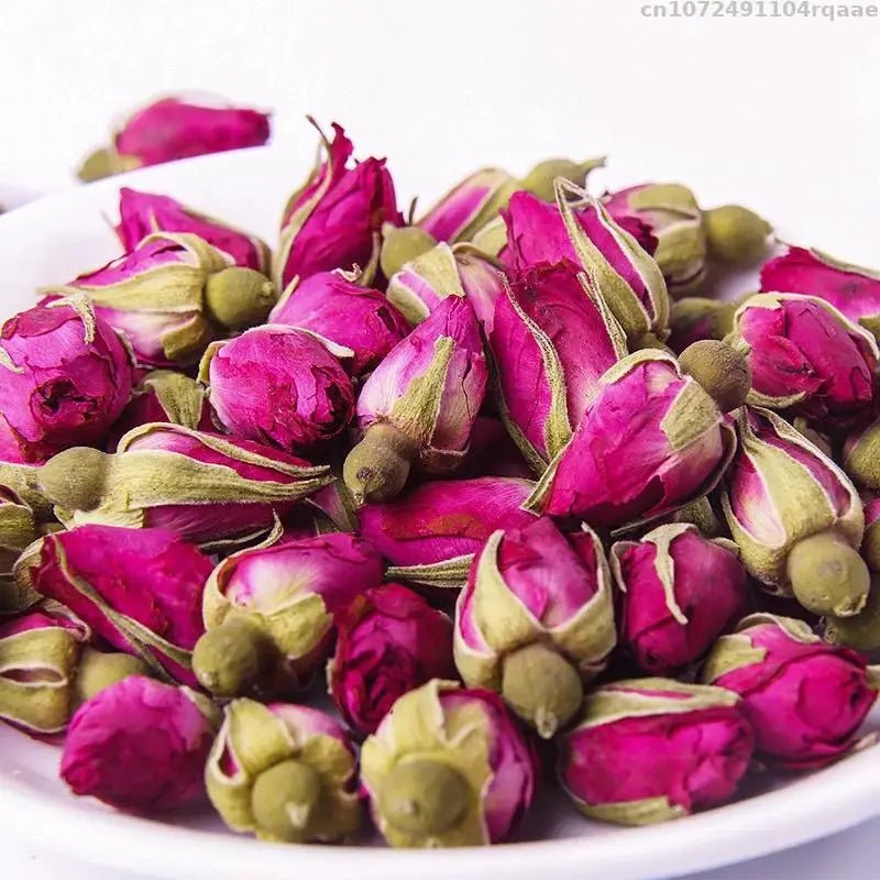 Wellness Natural Dried Rose Petals Red Flower place on a porcelain plate.