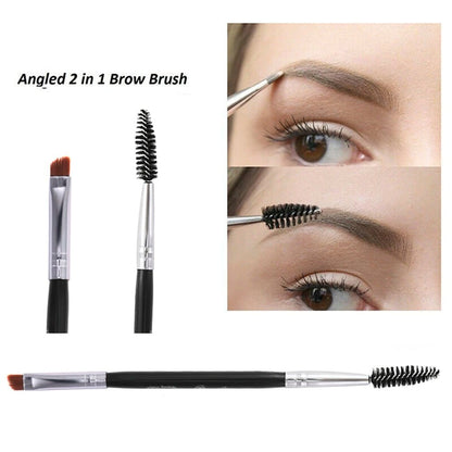 Wellness Professional Double-Ended Eyebrow Brush shown. Picture show a woman How to use the two sides of the eyebrow.  2 in 1 Brow Brush 