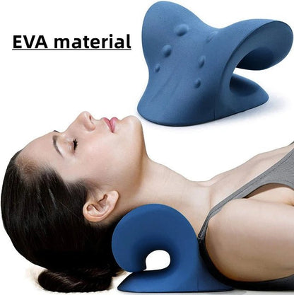 Chiropractic Neck Shoulder Stretcher Relaxation in use on a woman's neck. Dark blue Colour offers shown