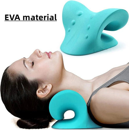 Chiropractic Neck Shoulder Stretcher Relaxation in use on a woman's neck. Blue Colour offers shown