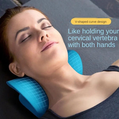 Chiropractic Neck Shoulder Stretcher Relaxation in use on a woman's neck. Blue Colour offers shown