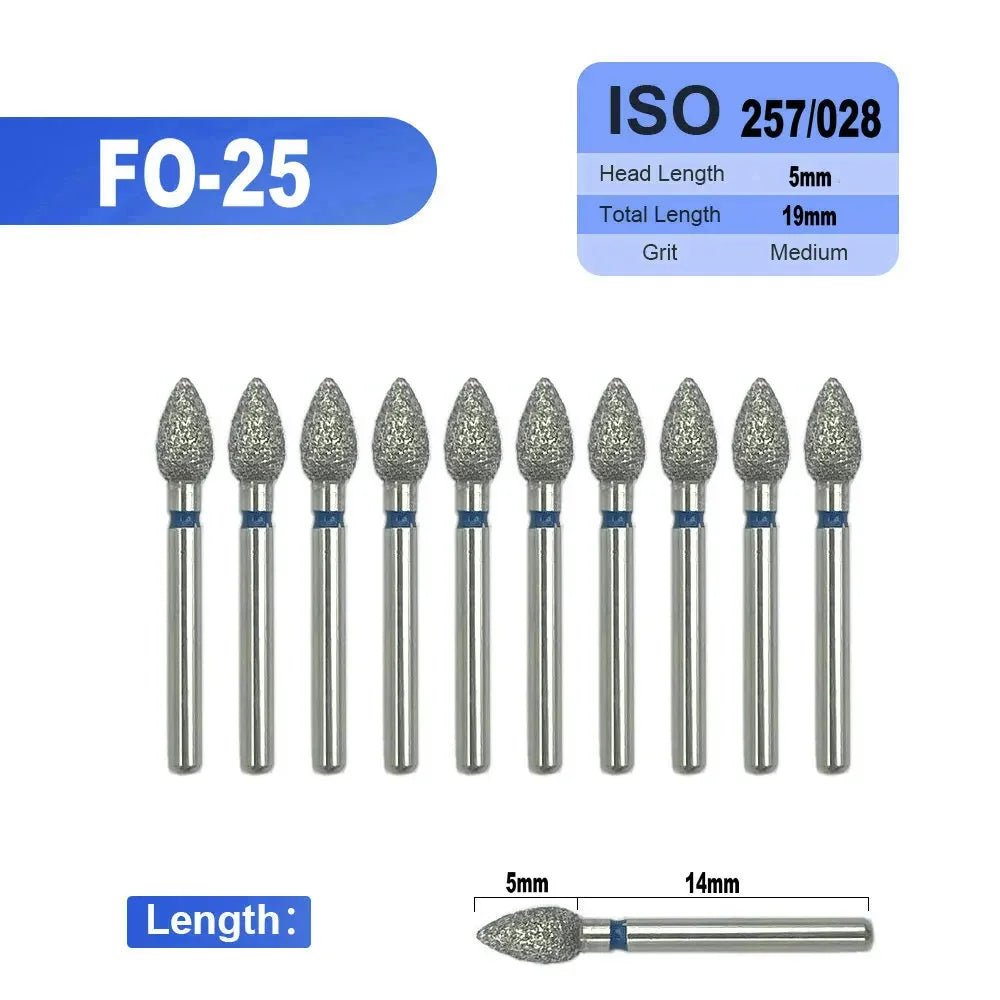 Dentistry Supplies & Equipment 
10 pieces Flame Dental Diamond Burs FO-25 offers, Head Length 5 mm,  Grit : Medium