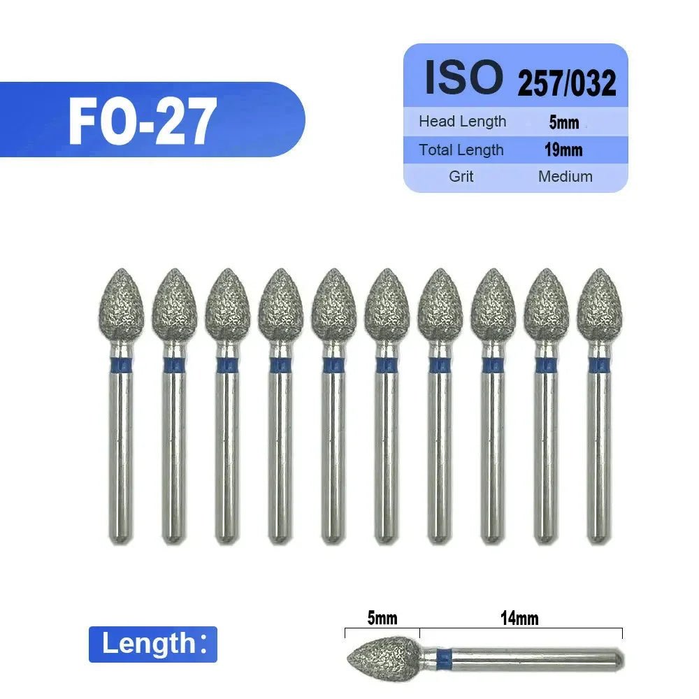 Dentistry Supplies & Equipment 
10 pieces Flame Dental Diamond Burs FO-27 offers, Head Length 5 mm,  Grit : Medium