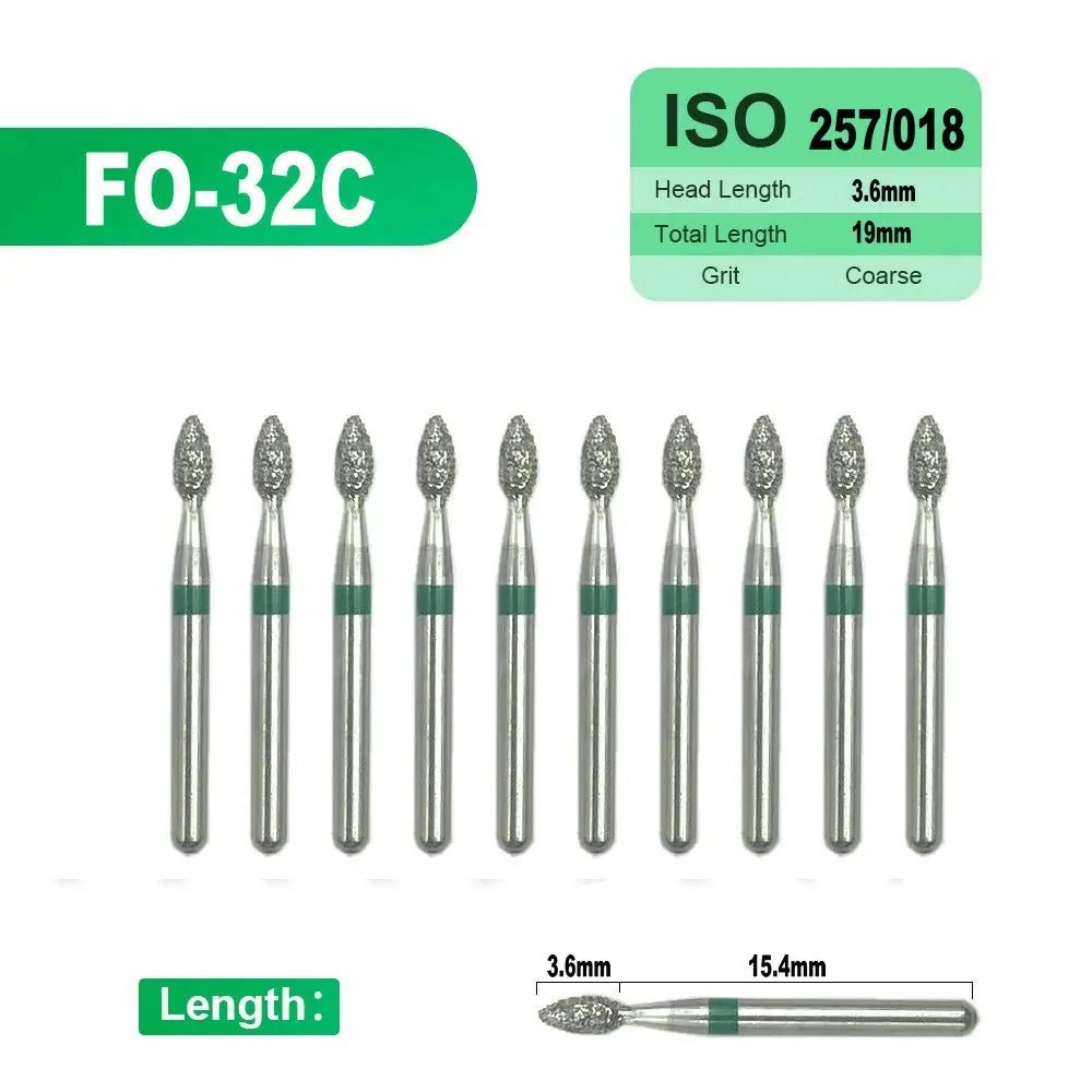 Dentistry Supplies & Equipment 
10 pieces Flame Dental Diamond Burs FO-32C offers, Head Length 3,6 mm,  Grit : Coarse