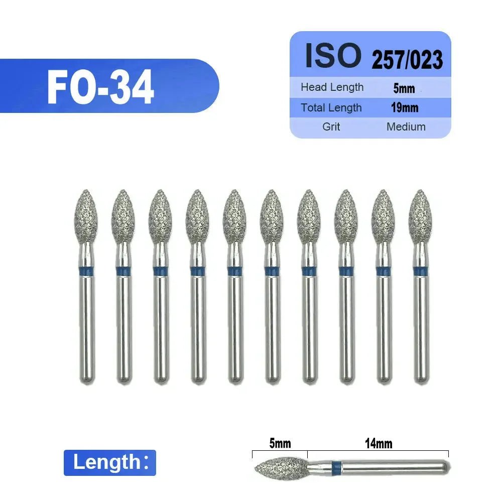 Dentistry Supplies & Equipment 
10 pieces Flame Dental Diamond Burs FO-34 offers, Head Length 5 mm,  Grit : Medium
