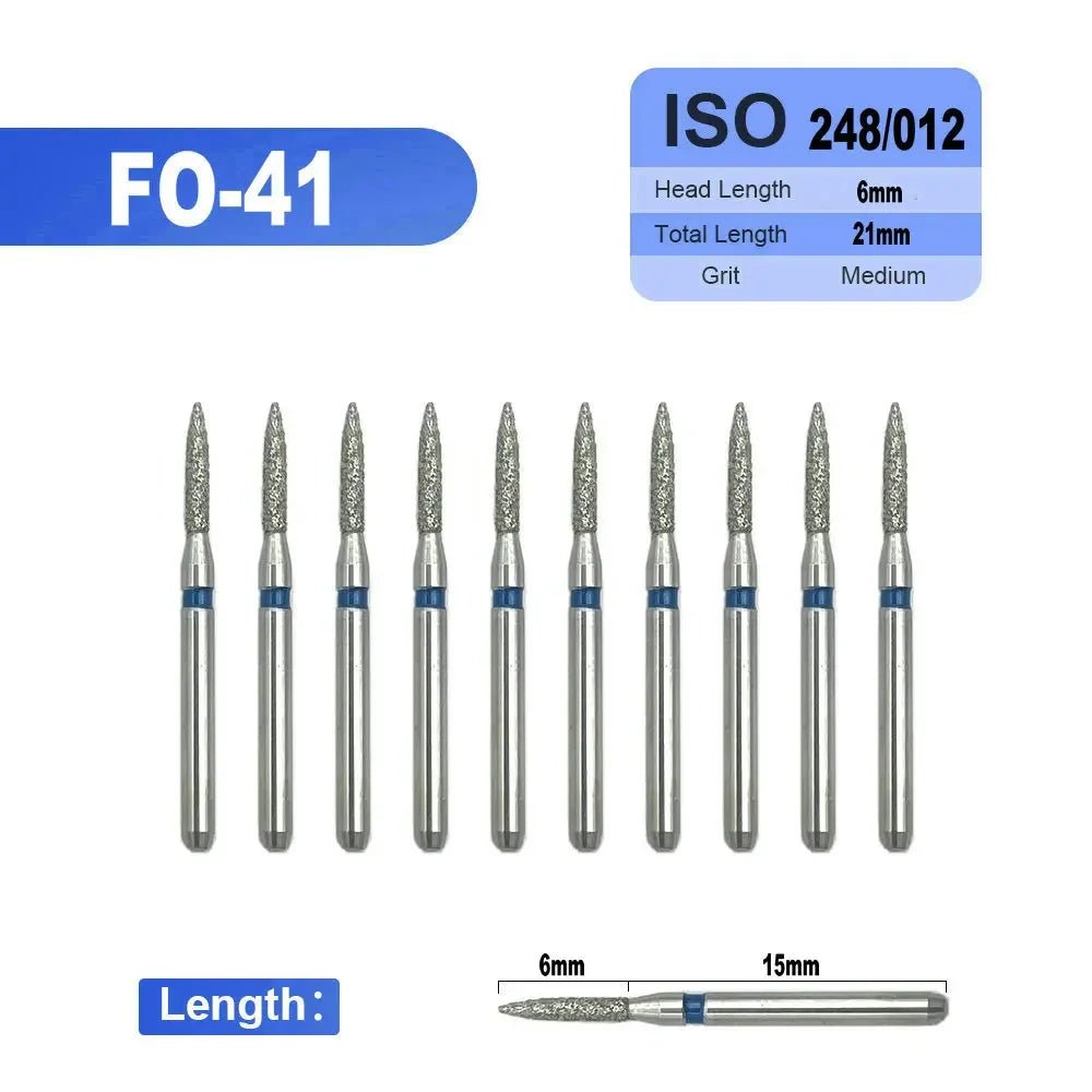 Dentistry Supplies & Equipment 
10 pieces Flame Dental Diamond Burs FO-41 offers, Head Length 6 mm,  Grit : Medium