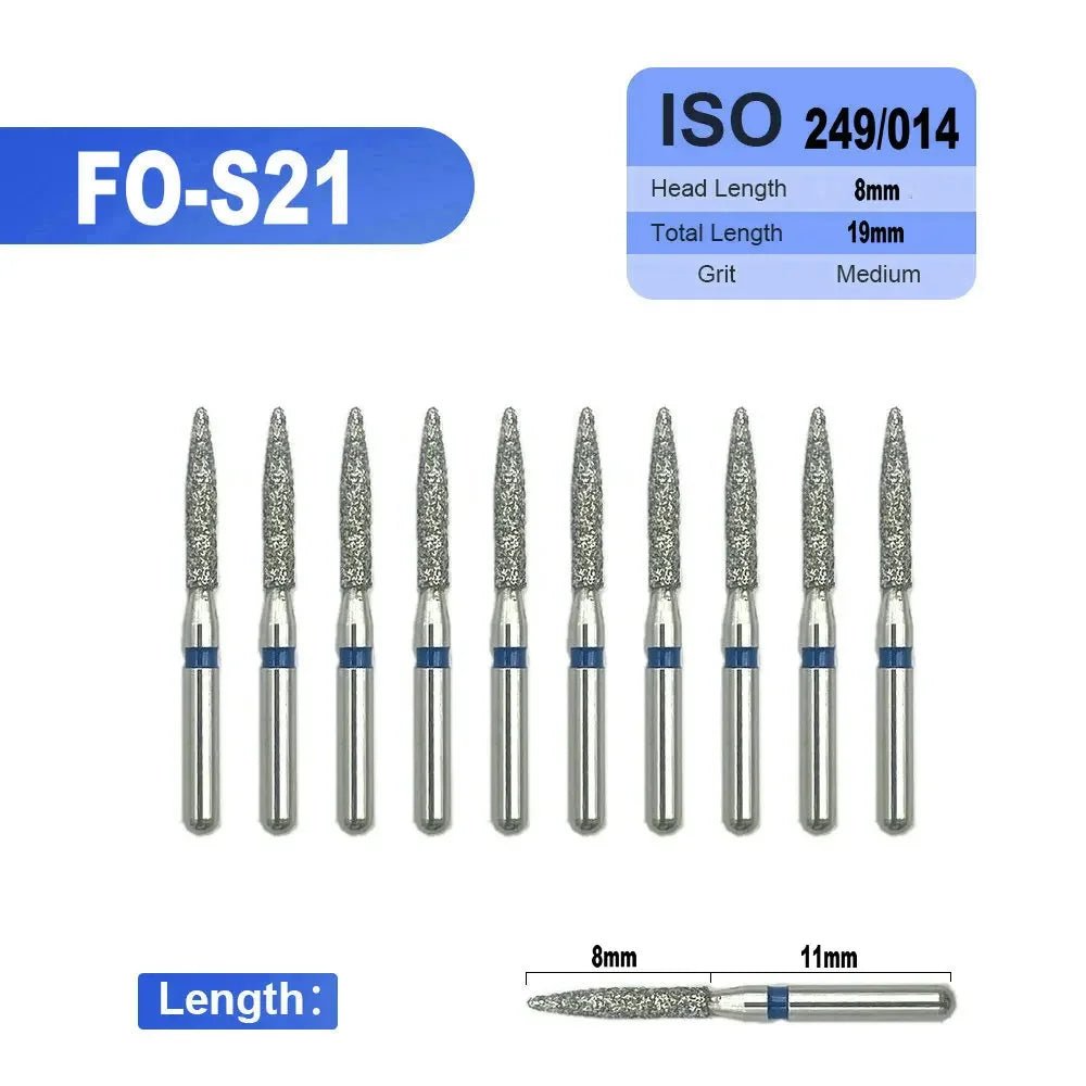 Dentistry Supplies & Equipment 
10 pieces Flame Dental Diamond Burs FO-S21 offers, Head Length 8 mm,  Grit : Medium