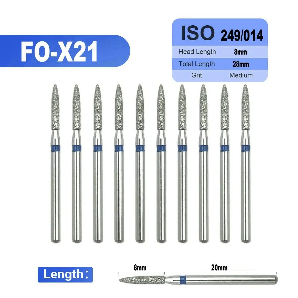 Dentistry Supplies & Equipment 
10 pieces Flame Dental Diamond Burs FO-X21 offers, Head Length 8 mm,  Grit : Medium