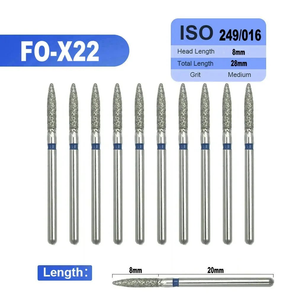 Dentistry Supplies & Equipment 
10 pieces Flame Dental Diamond Burs FO-X22 offers, Head Length 8 mm,  Grit : Medium