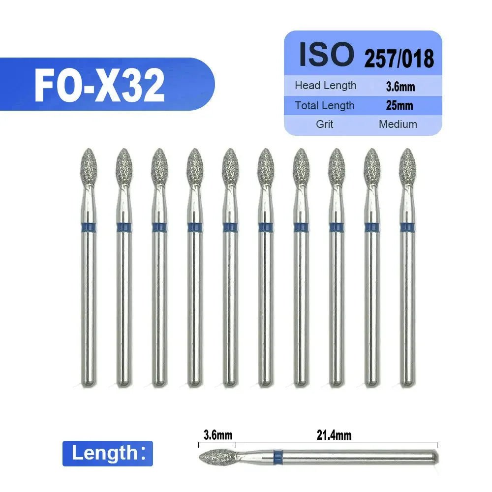 Dentistry Supplies & Equipment 
10 pieces Flame Dental Diamond Burs FO-X32 offers, Head Length 3,6 mm,  Grit : Medium