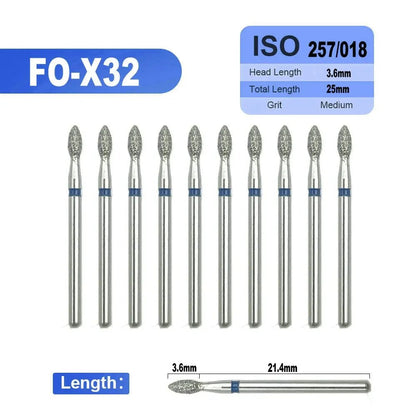 Dentistry Supplies & Equipment 
10 pieces Flame Dental Diamond Burs FO-X32 offers, Head Length 3,6 mm,  Grit : Medium