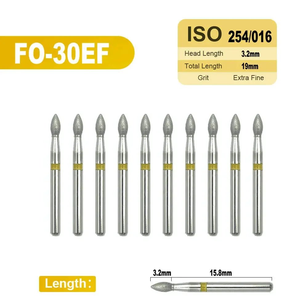 Dentistry Supplies & Equipment 
10 pieces Flame Dental Diamond Burs FO-30EF offers Head Length 3,2 mm Grit : extra fine