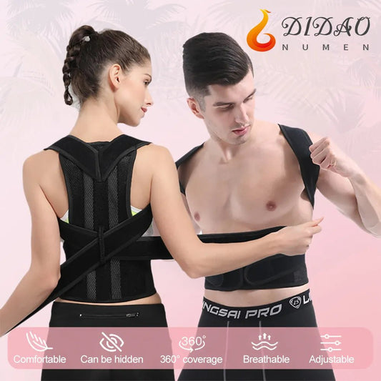 Health care products Back Posture Corrector Support Shoulder Vest Man and young woman wearing the corrector Black Colour vest