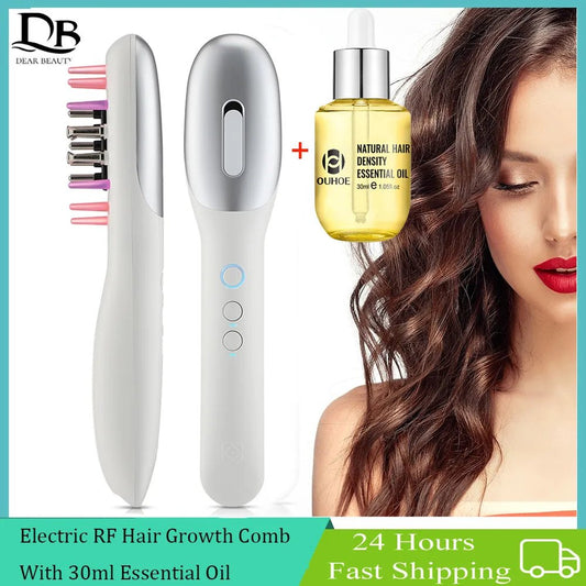 Health care products Hair Growth Massage Comb EMS RF Electric and natural essential oil offers shown with a woman hair after use