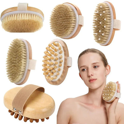 Massage Therapy Accessories 2 in 1 Dry Skin Body Massage Brush Picture of all brush offers and a naked young woman that held a brush