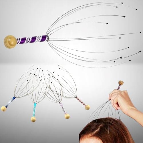 A woman use the SuperScapMassager and 5 pieces shown